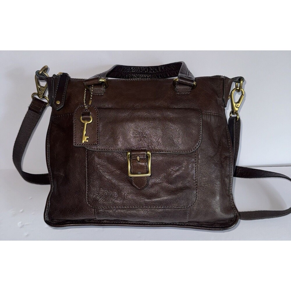 Fossil Vintage Brown Pebbled Leather Crossbody Satchel Bag with Brass Key